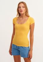 Bayan Sarı Pamuklu U-Neck Tişört