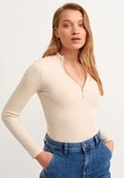 Bayan Açık Krem Fermuarlı Yaka Casual Top