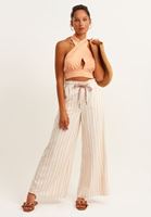 Bayan Çok Renkli Çizgili Wide-Leg Keten Pantolon