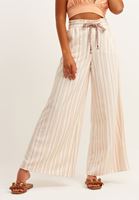 Bayan Çok Renkli Çizgili Wide-Leg Keten Pantolon