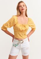 Bayan Sarı Kare Yaka Crop Bluz