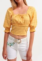 Bayan Sarı Kare Yaka Crop Bluz