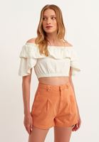 Bayan Krem Fırfırlı Crop Bluz