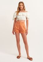 Bayan Krem Fırfırlı Crop Bluz