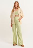 Bayan Yeşil Linen Blend Wide-Leg Pantolon