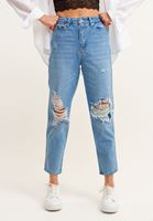 Bayan Mavi Pamuklu Mom-Fit Denim Pantolon