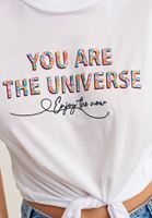 Bayan Beyaz Bağlama Detaylı ve Baskılı Tişört ( MODAL )