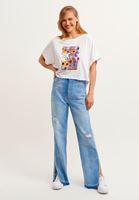 Bayan Beyaz Floral Baskılı Asimetrik Tişört ( MODAL )