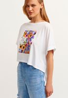 Bayan Beyaz Floral Baskılı Asimetrik Tişört ( MODAL )