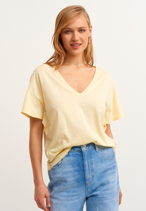 Sarı V-Neck Oversize Tişört ( MODAL )
