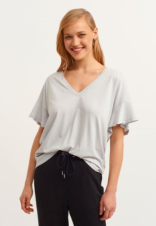 Gri V-Neck Oversize Tişört ( MODAL )