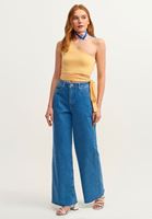 Bayan Sarı Beli Bağlamalı Tek Omuz Crop Top (MODAL)