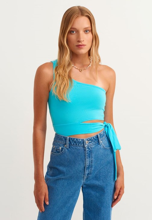 Mavi Beli Bağlamalı Tek Omuz Crop Top (MODAL)