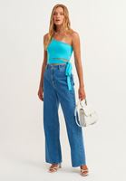 Bayan Mavi Beli Bağlamalı Tek Omuz Crop Top (MODAL)