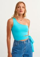 Bayan Mavi Beli Bağlamalı Tek Omuz Crop Top (MODAL)