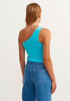 Bayan Mavi Beli Bağlamalı Tek Omuz Crop Top (MODAL)