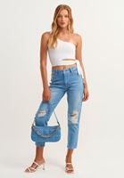 Bayan Beyaz Beli Bağlamalı Tek Omuz Crop Top (MODAL)