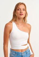 Bayan Beyaz Beli Bağlamalı Tek Omuz Crop Top (MODAL)