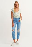 Bayan Yeşil/Gri Kruvaze Crop Bluz ( MODAL )