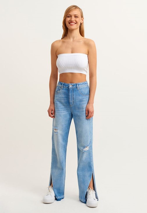 Straplez Crop Top ve Denim Pantolon Kombini
