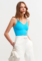 Bayan Mavi Dikişsiz İnce Askılı Crop Top