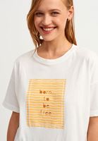 Bayan Krem Slogan Baskılı Boyfriend Tişört
