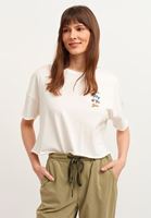 Bayan Krem Pamuklu ve Baskılı Crop Tişört