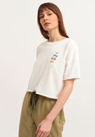 Bayan Krem Pamuklu ve Baskılı Crop Tişört