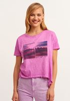 Bayan Mor Pamuklu Asimetrik Crop Tişört