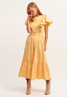 Bayan Sarı Pamuklu ve Volanlı Maxi Elbise