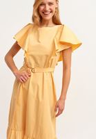 Bayan Sarı Pamuklu ve Volanlı Maxi Elbise