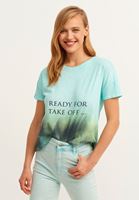 Bayan Mavi Pamuklu Asimetrik Crop Tişört