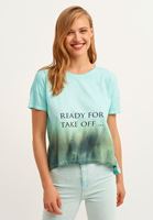 Bayan Mavi Pamuklu Asimetrik Crop Tişört