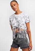 Bayan Beyaz Baskılı Crop Tişört