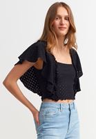 Bayan Siyah Fırfırlı ve Nakışlı Crop Bluz