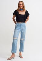 Bayan Siyah Fırfırlı ve Nakışlı Crop Bluz