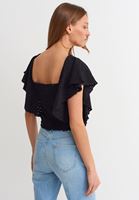 Bayan Siyah Fırfırlı ve Nakışlı Crop Bluz
