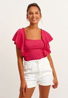 Bayan Pembe Fırfırlı ve Nakışlı Crop Bluz