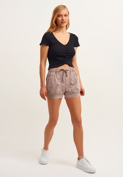 Açık Kahverengi Yıkama Efektli Mini Şort