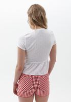 Bayan Beyaz Fırfırlı ve Bağcıklı Crop Bluz
