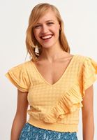 Bayan Sarı Fırfırlı V-Neck Bluz