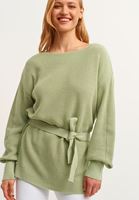 Bayan Yeşil Boot-Neck Kuşaklı Triko