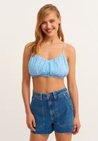 Bayan Mavi Askılı ve Büzgülü Crop Top