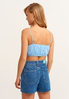 Bayan Mavi Askılı ve Büzgülü Crop Top