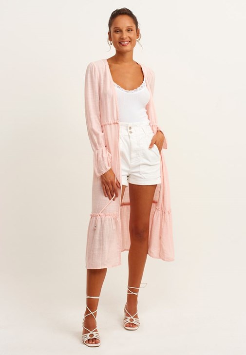 Bağcık Detaylı Uzun Kimono Ve Bantlı Topuklu Ayakkabı Kombini