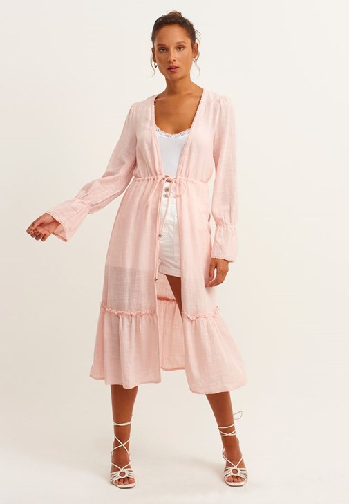 Bağcık Detaylı Uzun Kimono Ve Bantlı Topuklu Ayakkabı Kombini