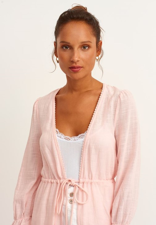 Bağcık Detaylı Uzun Kimono Ve Bantlı Topuklu Ayakkabı Kombini