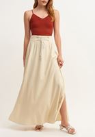 Bayan Açık Krem Lace-Up Detaylı Yırtmaçlı Etek