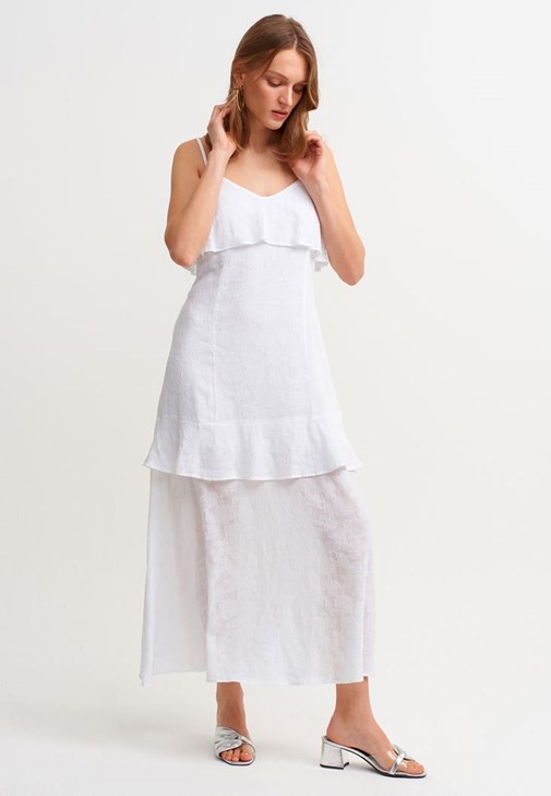 Beyaz Fırfır Detaylı Uzun Elbise