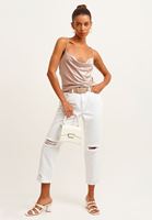 Bayan Bej Cowl-Neck Sırt Detaylı Crop Tank